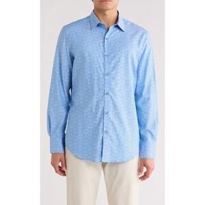 Robert Graham Mens Classic Fit Light Blue Ornate Cotton Dress Shirt Size XL